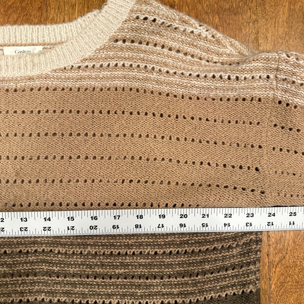 Caslon Striped Crochet Knit Sweater Top Beige Brown 3/4 Sleeve Wool Blend Medium - Picture 7 of 8